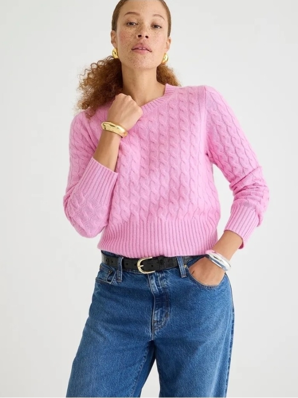 J. Crew Pink Cable-Knit Crewneck Sweater Size M